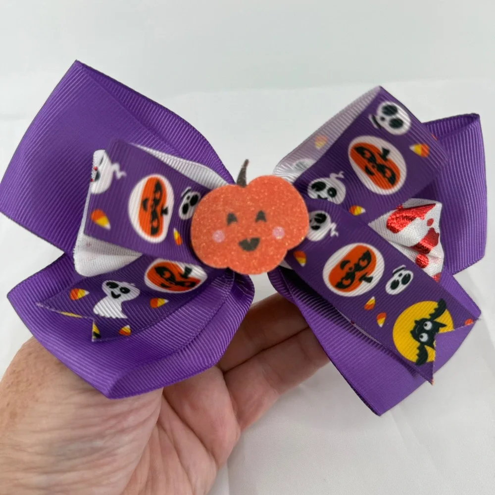 Halloween‎ Hair Bow Purple Grosgrain Ribbon Pumpkin Ghost Bat Hair Clip
